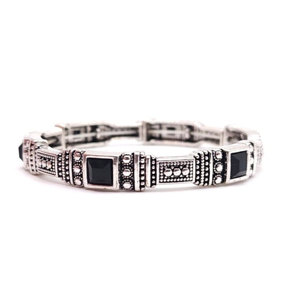 Silver Tone Art Deco Stretch Bracelet Women's Black Square Gem Vintage Style - Picture 1 of 4
